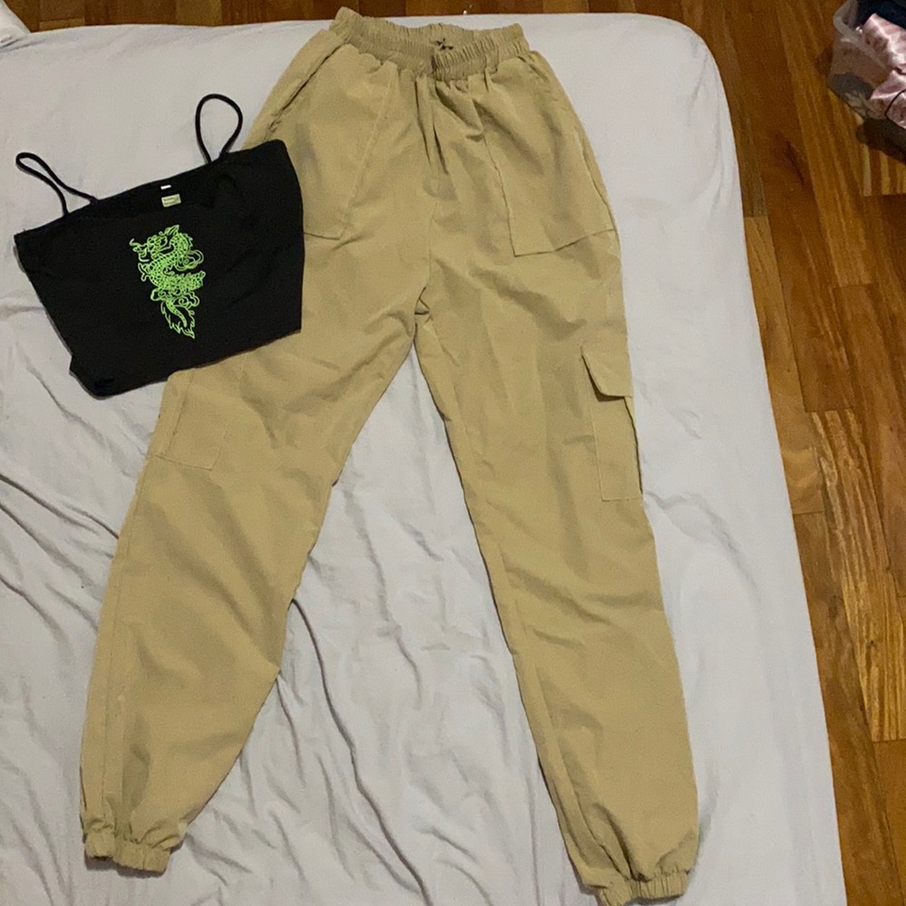 Black dragon crop top with beige cargo pants